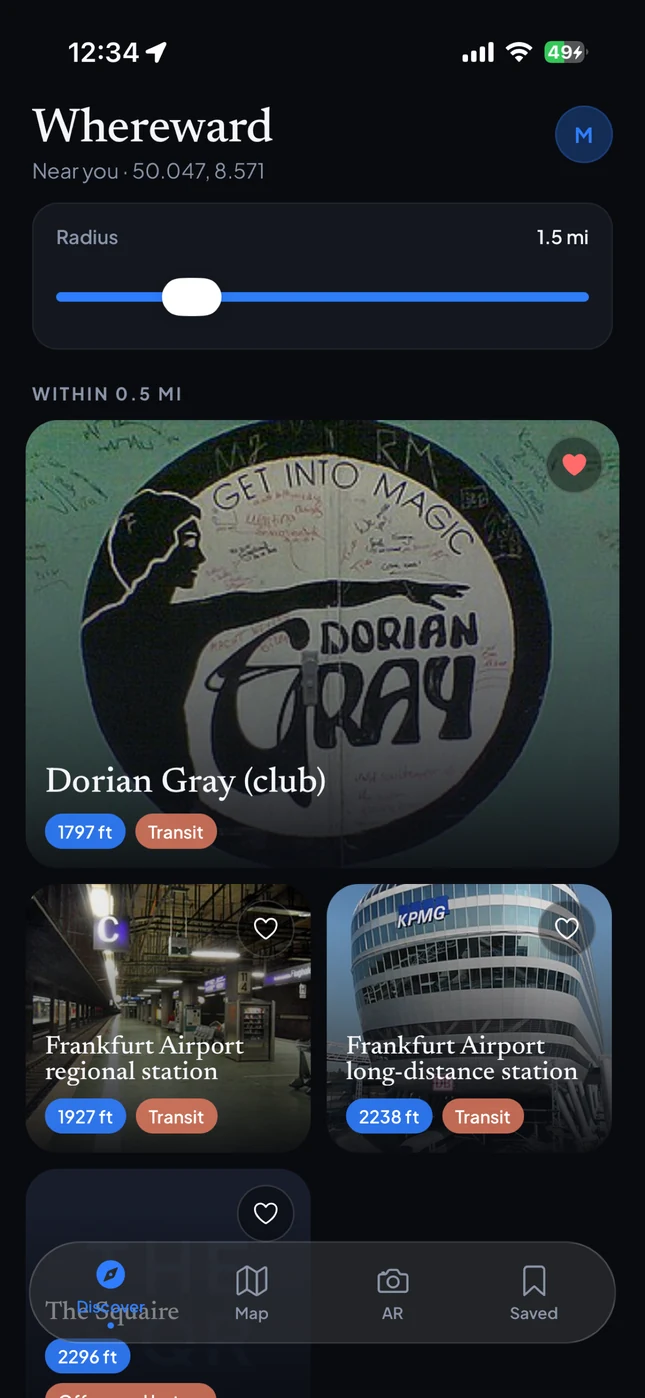 The real Whereward Discover screen showing nearby places, photos, and walking distance