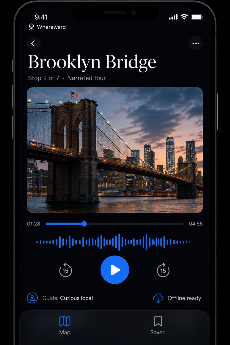 Whereward narrated tour player with waveform and place photo