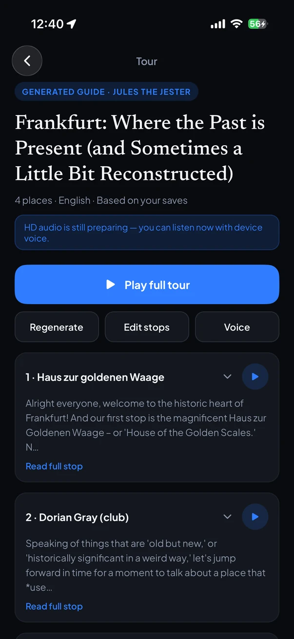 The real Whereward narrated tour player with generated stops and audio playback