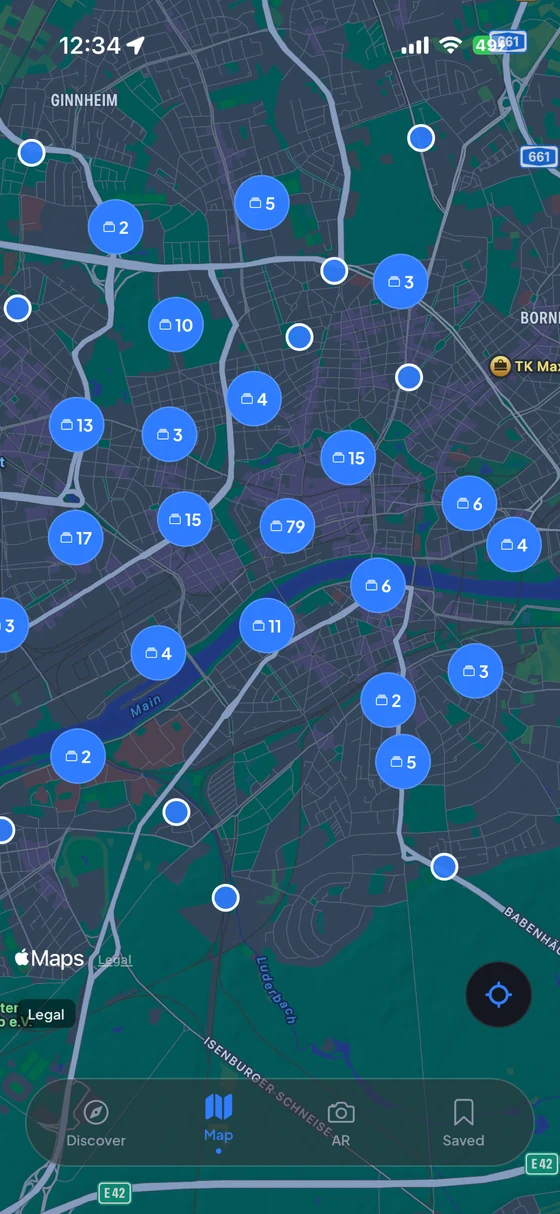 Whereward Map showing nearby places and clusters across Frankfurt