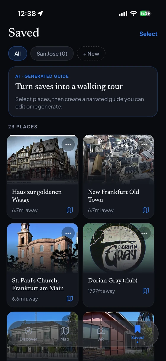 Whereward Saved screen with a collection of places ready for a tour
